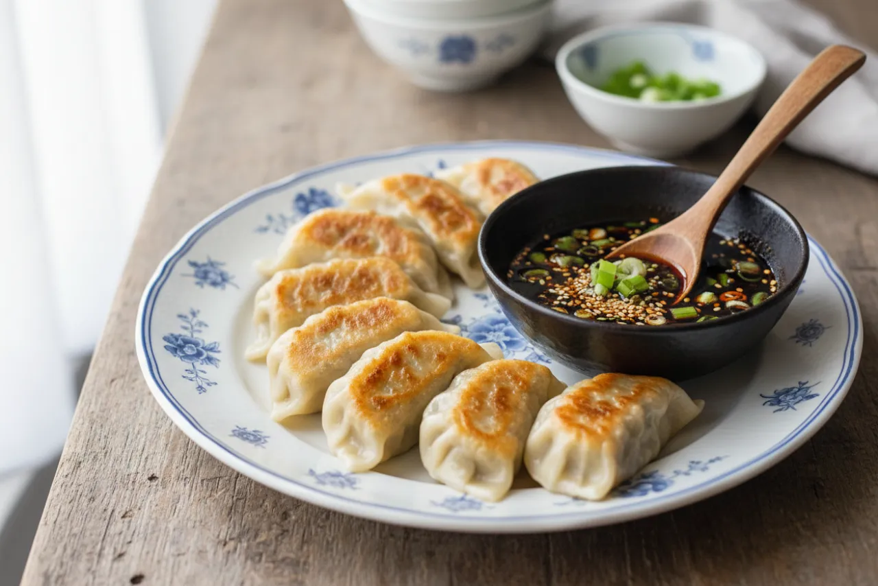 Pork and Chive Jiaozi — Chinese recipe, finished and plated