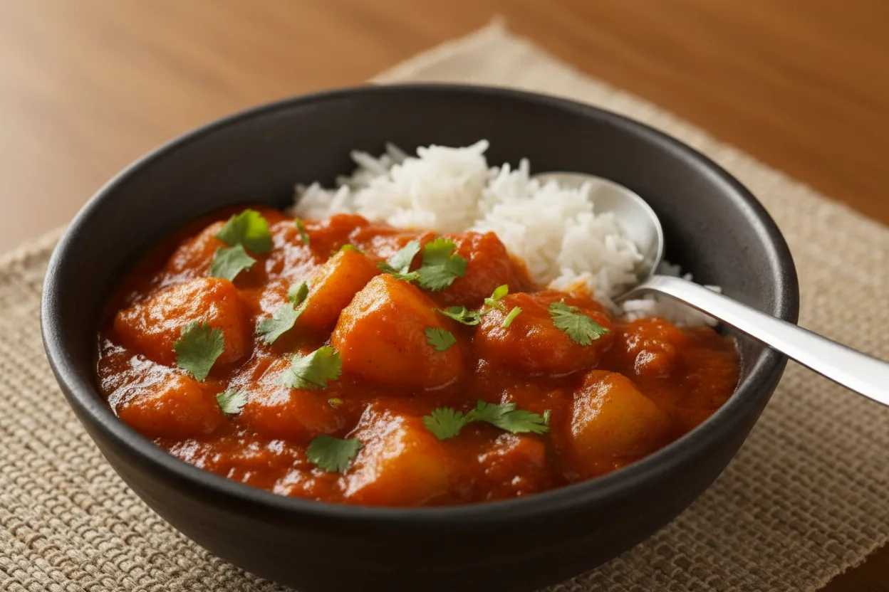 Aloo Tamatar (Potato Tomato Curry) — Indian recipe, finished and plated