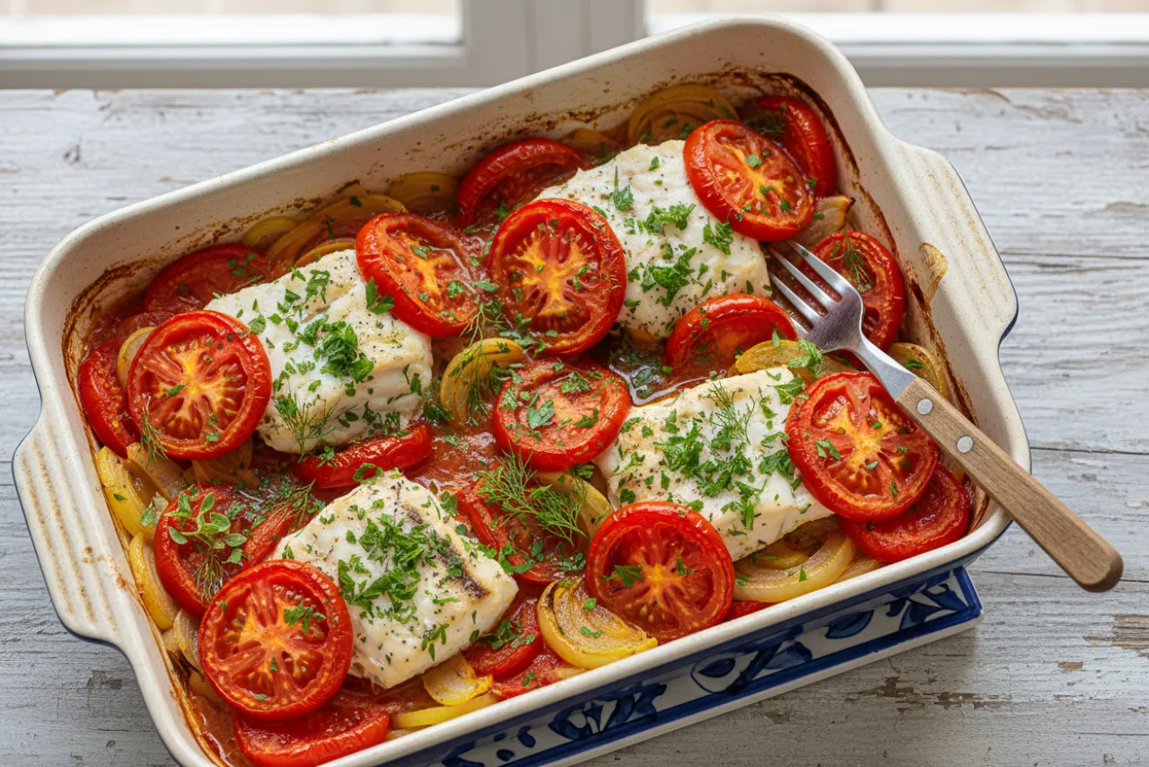 Psari Plaki — a high-protein low-calorie greek recipe with about 2g of fiber