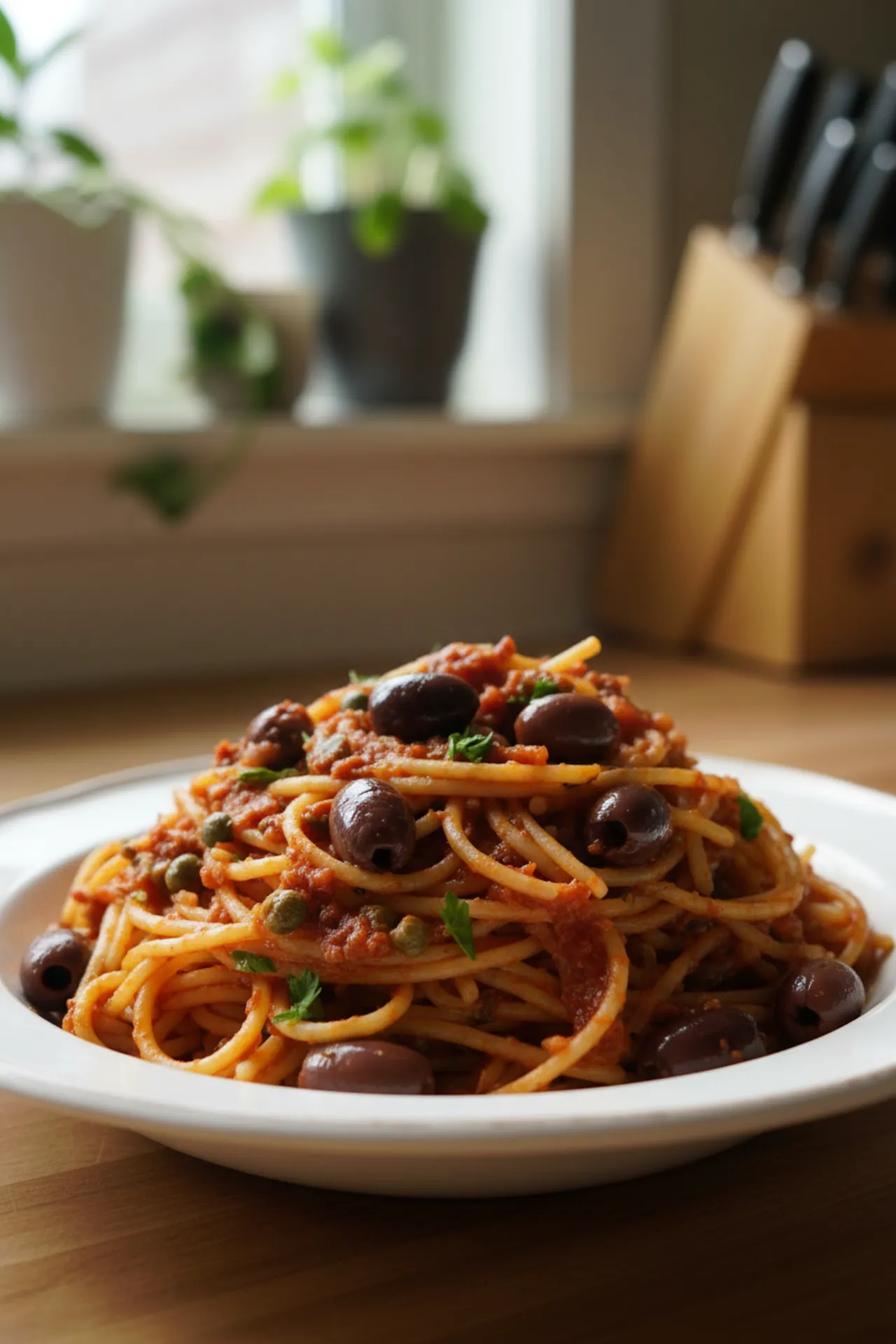 Spaghetti alla Puttanesca — Italian recipe, finished and plated
