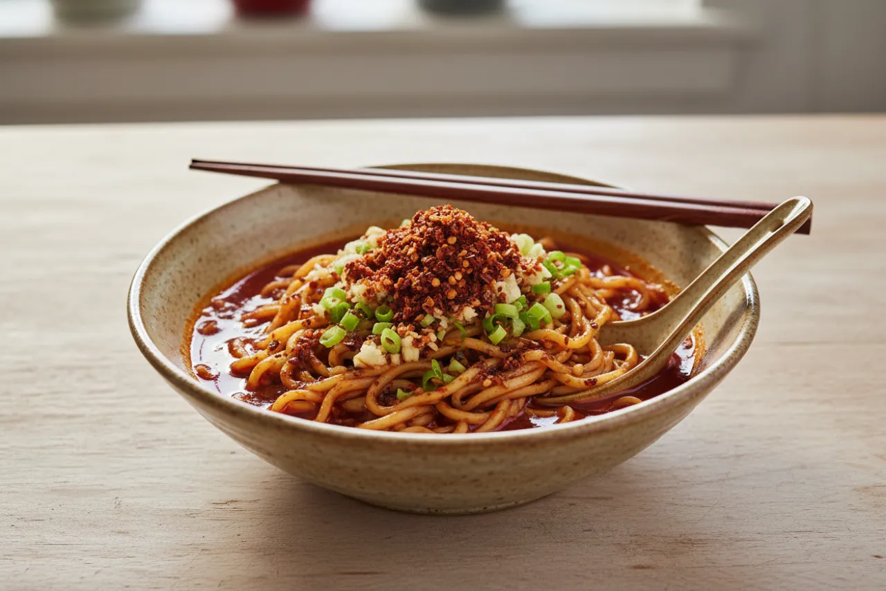 Quick Chili Oil Noodles — Chinese recipe, finished and plated