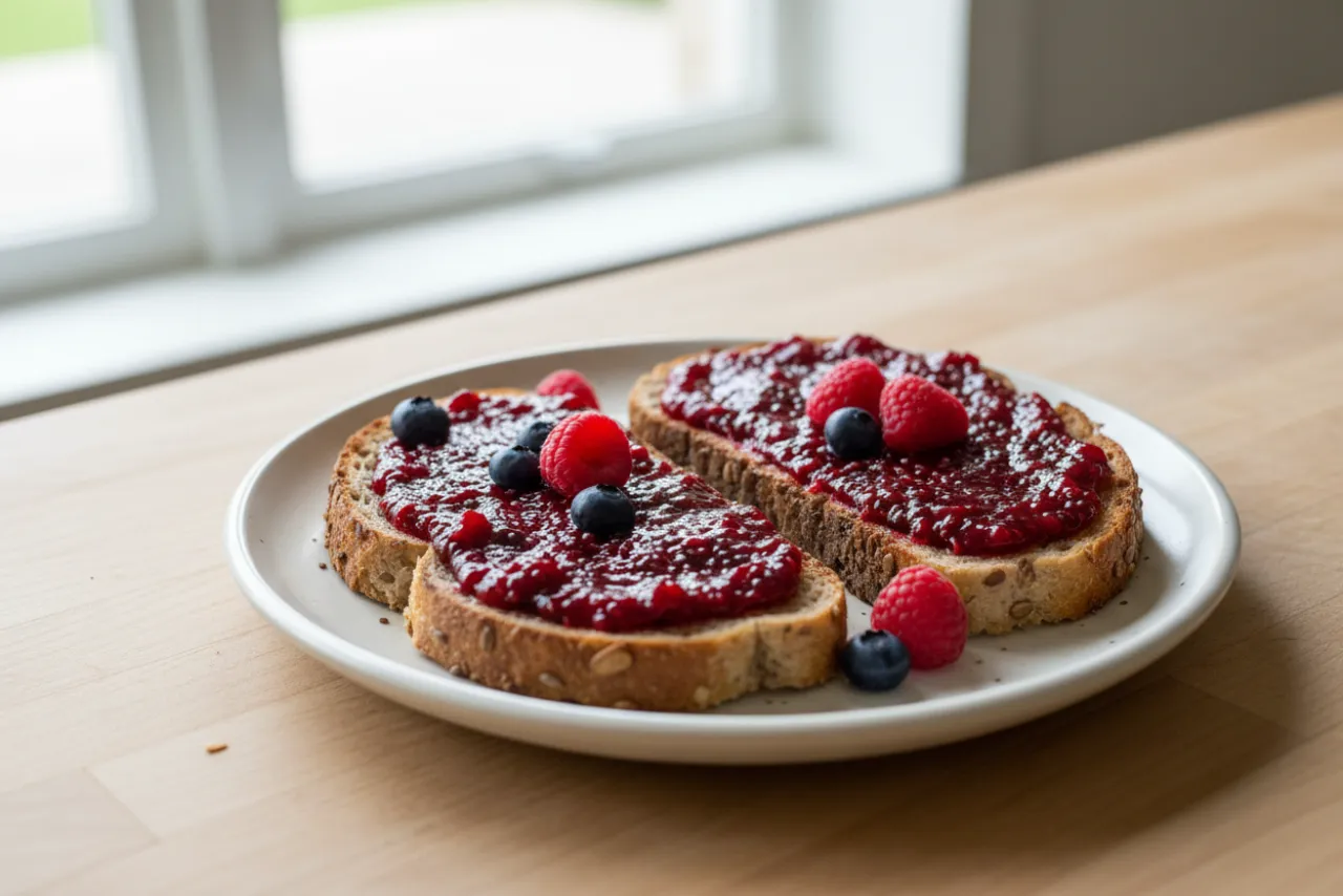 Chia Jam on Seeded Toast — American recipe, finished and plated