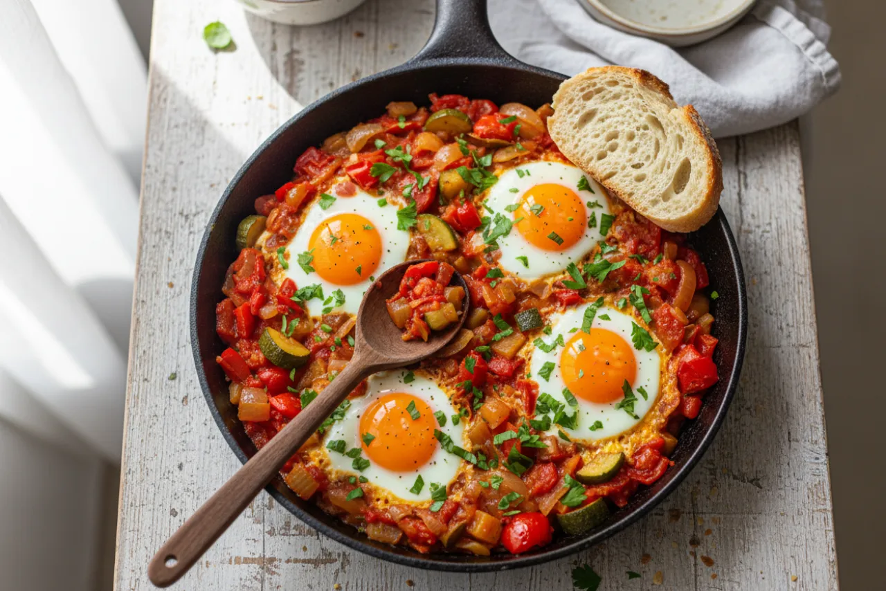 Baked Eggs Ratatouille — a high-fiber high-protein breakfast french recipe with about 9g of fiber