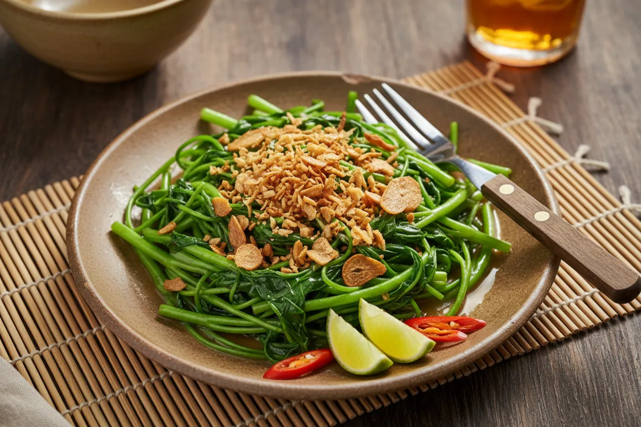 Rau Muong Xao Toi (Garlic Water Spinach) — Vietnamese recipe, finished and plated