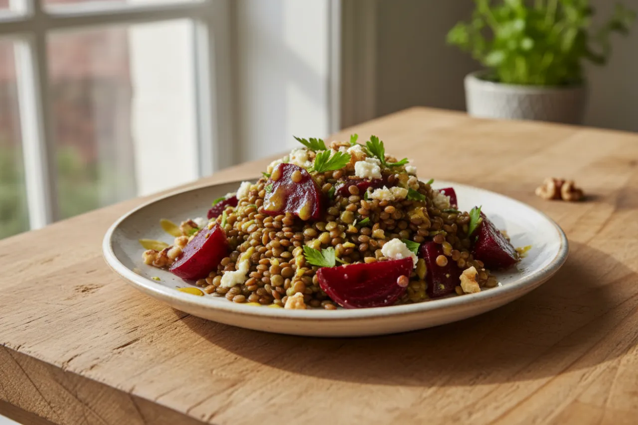 Roasted Beet & Lentil Salad — a high-fiber salad mediterranean recipe with about 23g of fiber