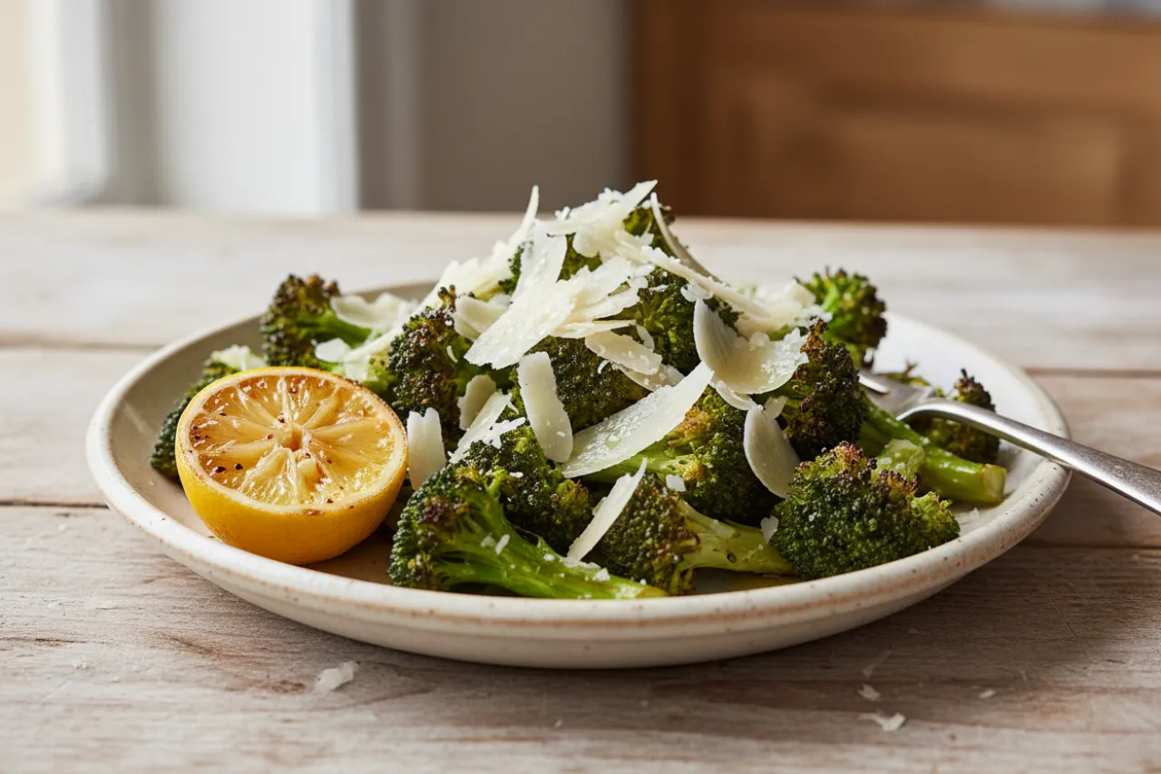 Roasted Broccoli with Parmesan — American recipe, finished and plated