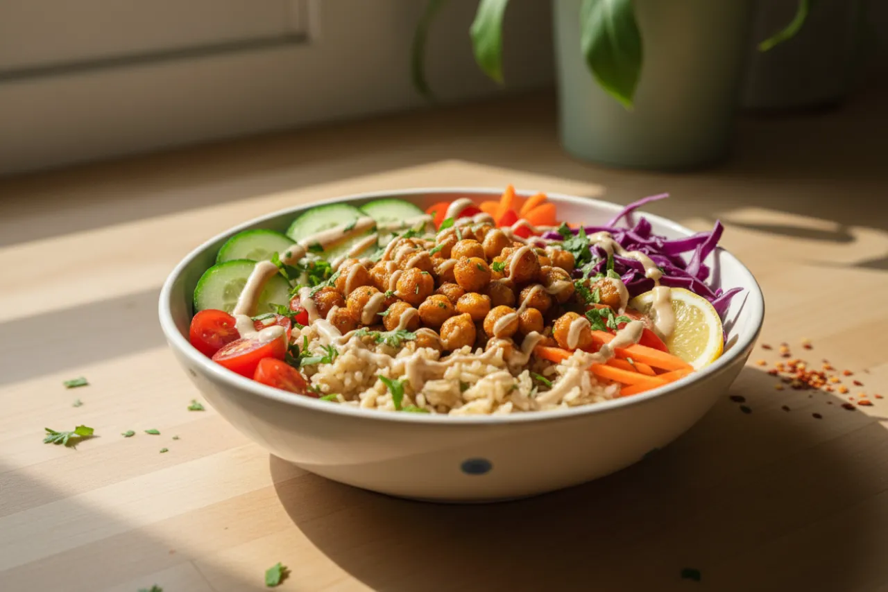 Crispy Chickpea Buddha Bowl — a high-fiber salad mediterranean recipe with about 18g of fiber