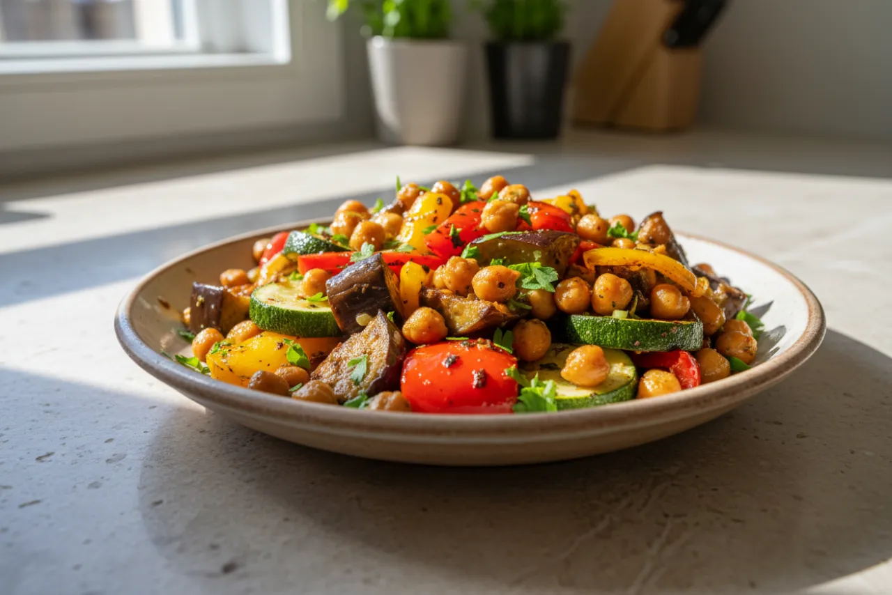 Roasted Mediterranean Vegetables with Chickpeas — a anti-inflammatory lunch mediterranean recipe with about 16g of fiber