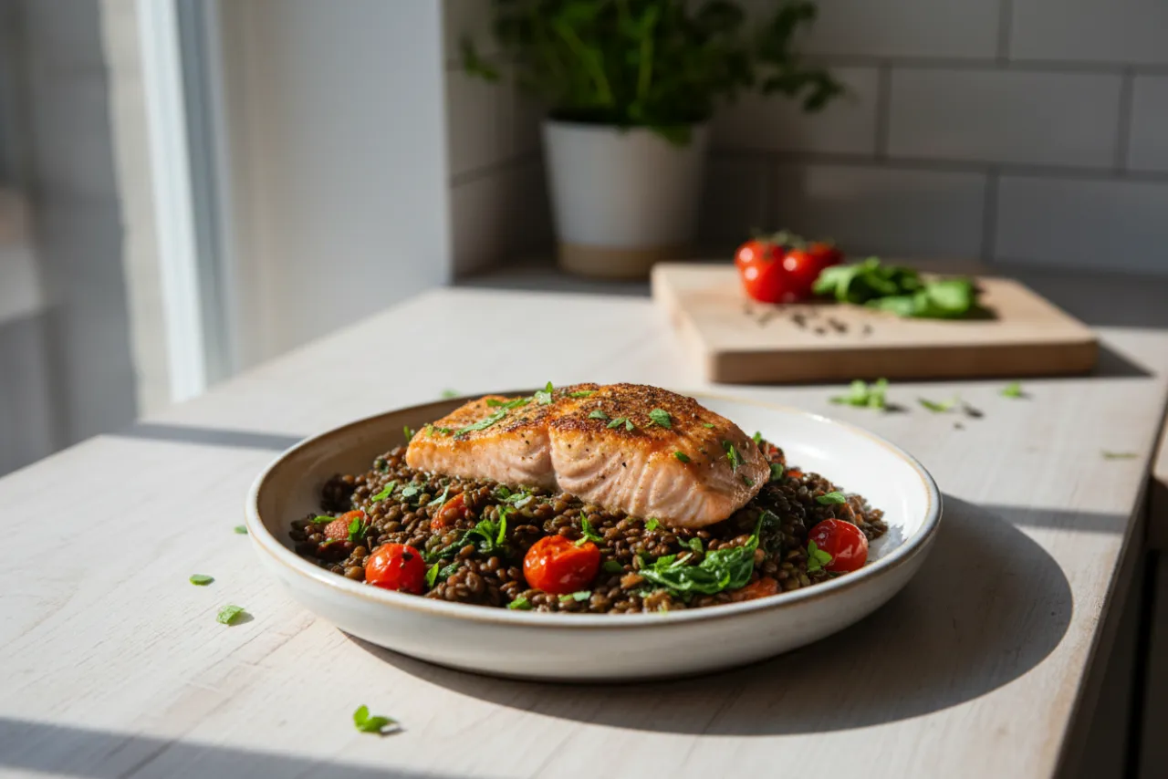 Salmon & Lentil Traybake — a high-protein high-fiber mediterranean recipe with about 22g of fiber