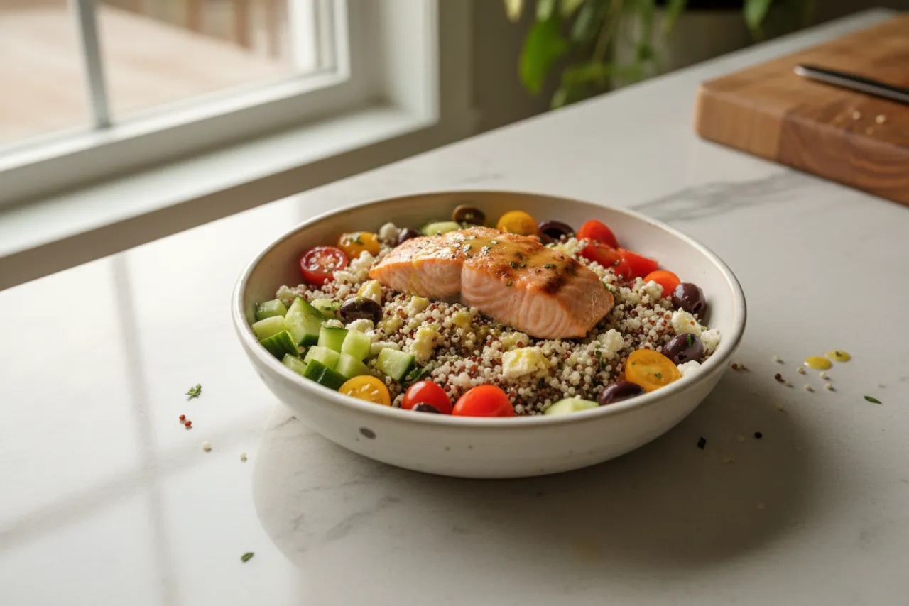 Salmon & Quinoa Mediterranean Bowl — a high-fiber salad mediterranean recipe with about 7g of fiber