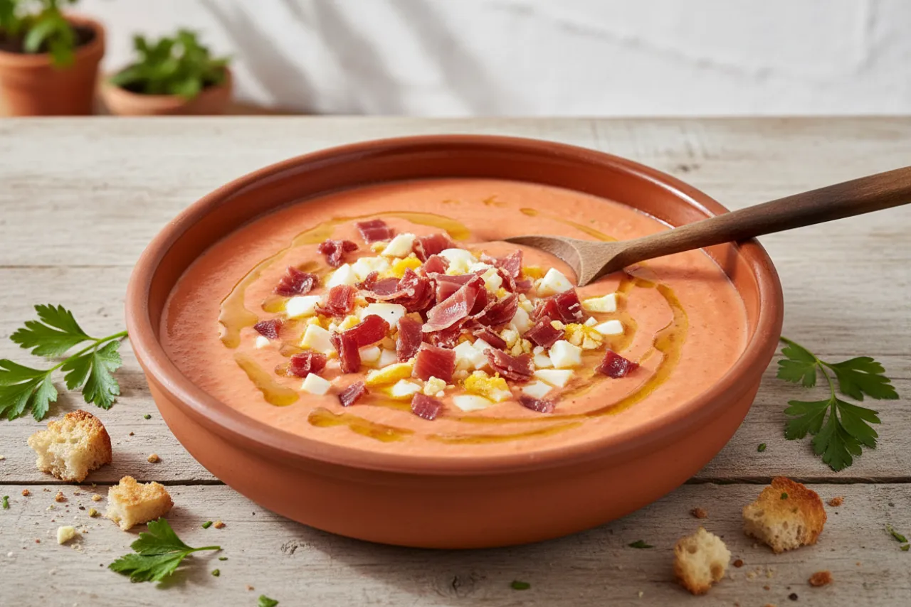 Salmorejo Cordobes — Spanish recipe, finished and plated