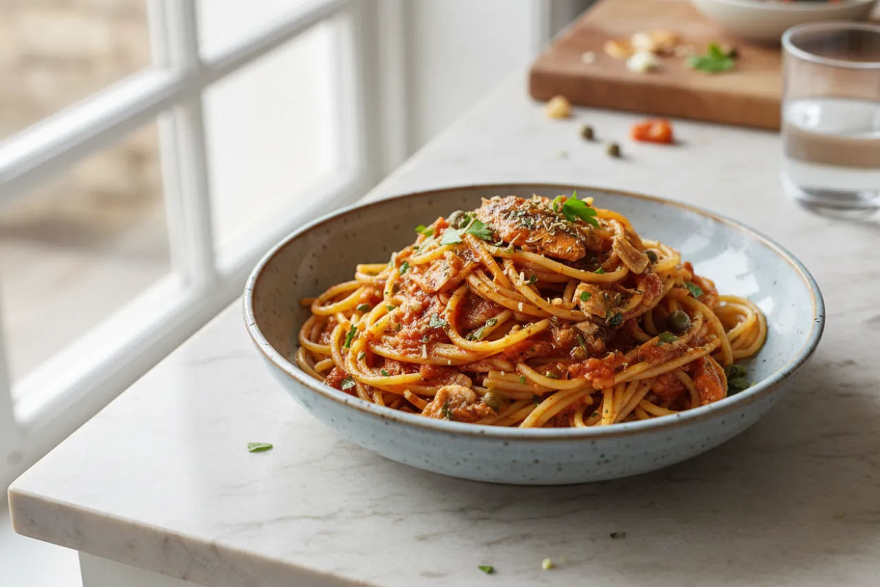 Sardine & Tomato Spaghetti — a high-protein pasta italian recipe with about 6g of fiber