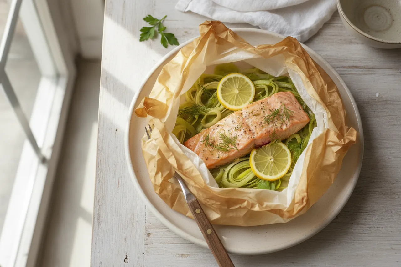 Saumon en Papillote — a high-protein low-carb french recipe with about 1g of fiber