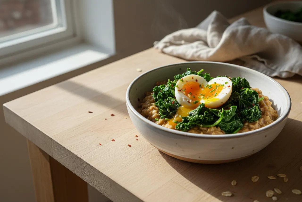 Savory Oats with Greens & Egg — a high-fiber salad american recipe with about 10g of fiber