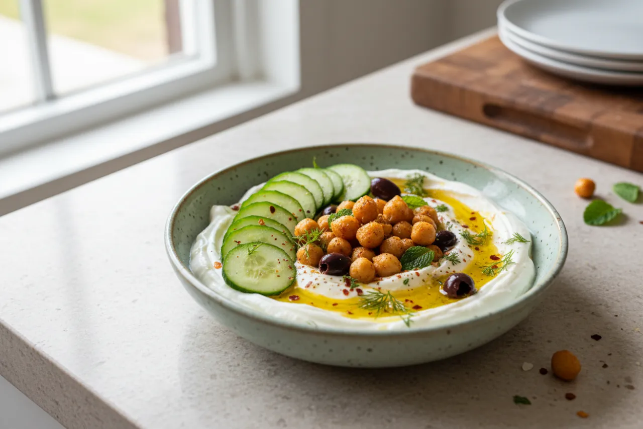 Savory Yogurt Bowl — a high-fiber salad middle eastern recipe with about 16g of fiber