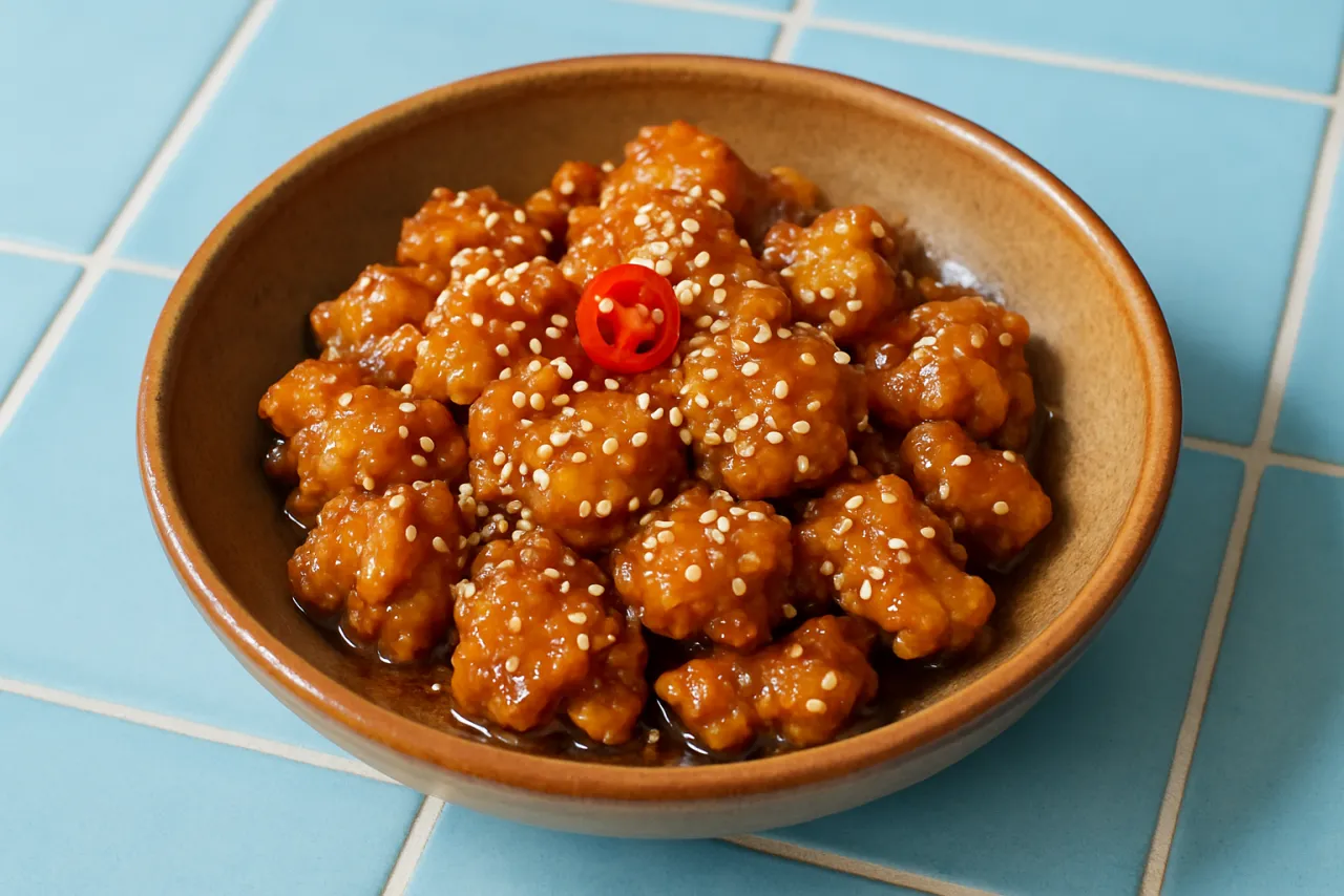 Sesame Chicken — a easy family dinner chinese recipe with about 1g of fiber