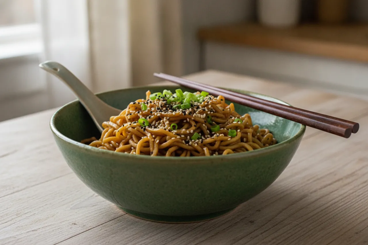 Sesame Garlic Noodles — Chinese recipe, finished and plated