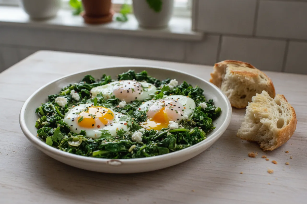 Green Shakshuka — a high-protein egg middle eastern recipe with about 4g of fiber