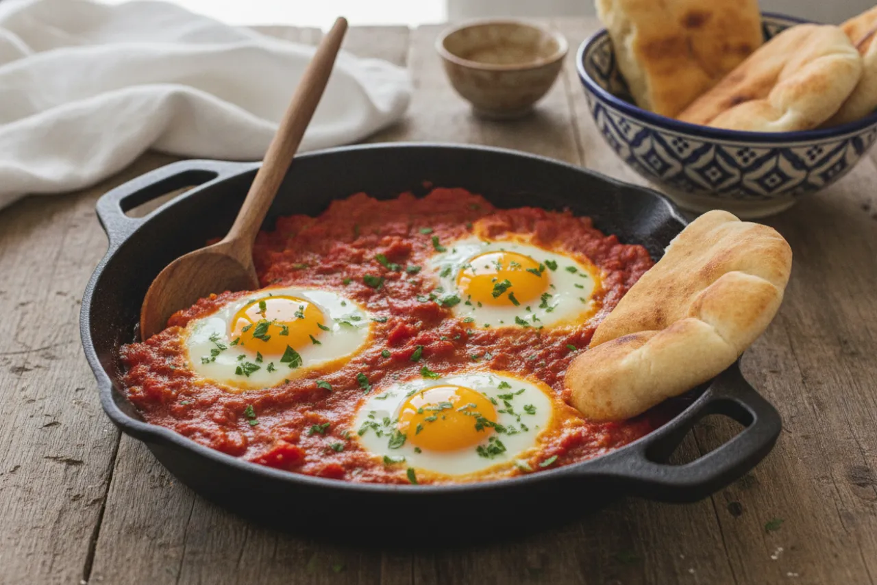 Shakshuka — a high-fiber high-protein breakfast middle eastern recipe with about 8g of fiber