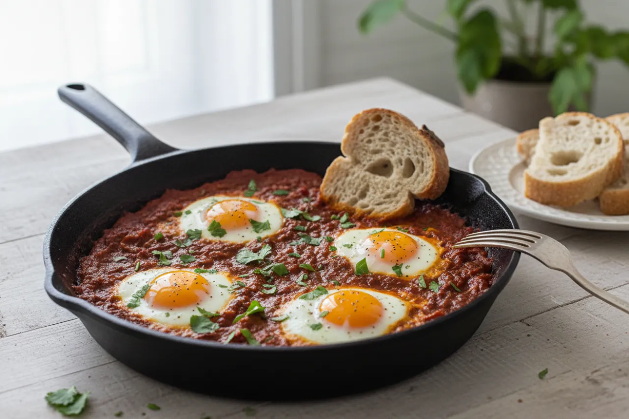 Harissa Shakshuka — a high-fiber high-protein breakfast mediterranean recipe with about 7g of fiber