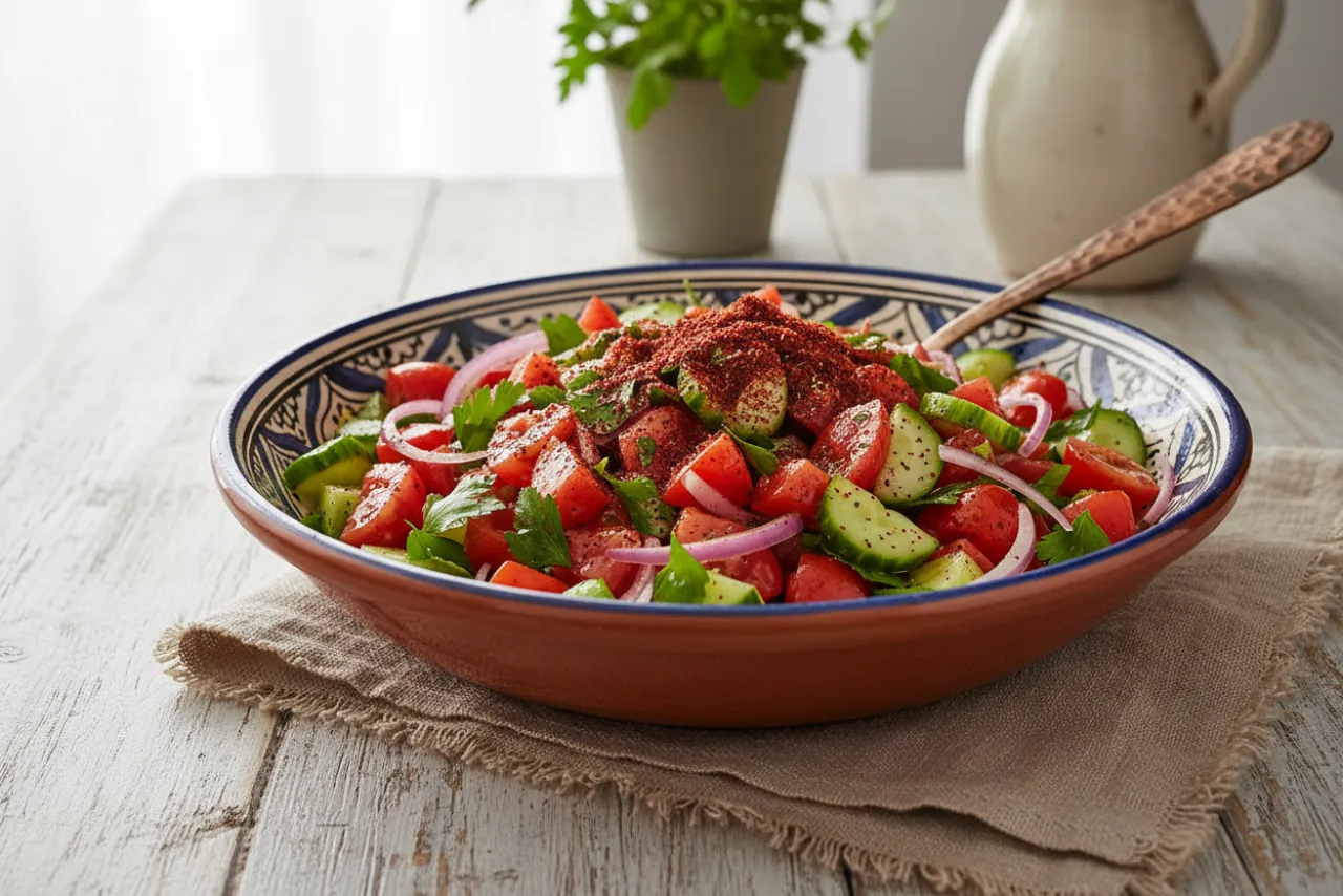 Salatet Banadoura (Levantine Tomato and Sumac Salad) — Middle Eastern recipe, finished and plated