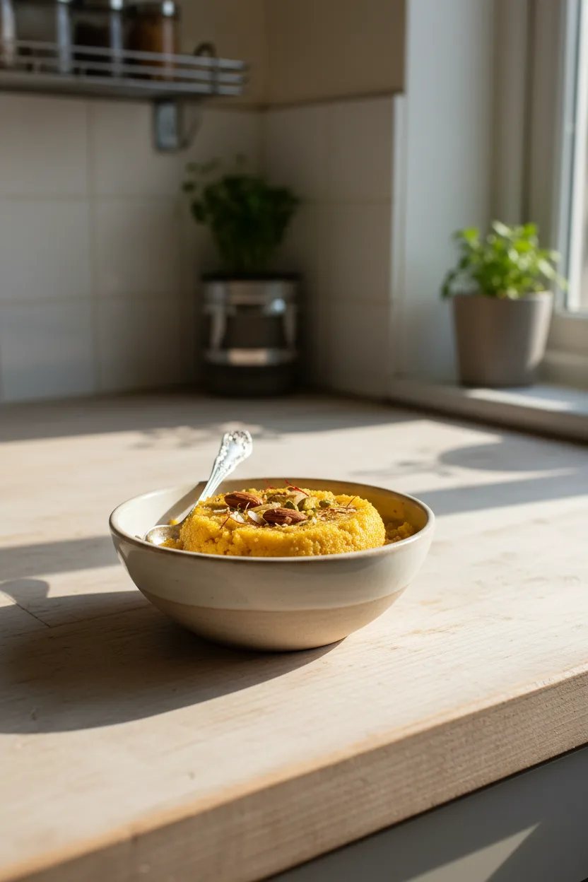 Sooji Halwa — Indian recipe, finished and plated