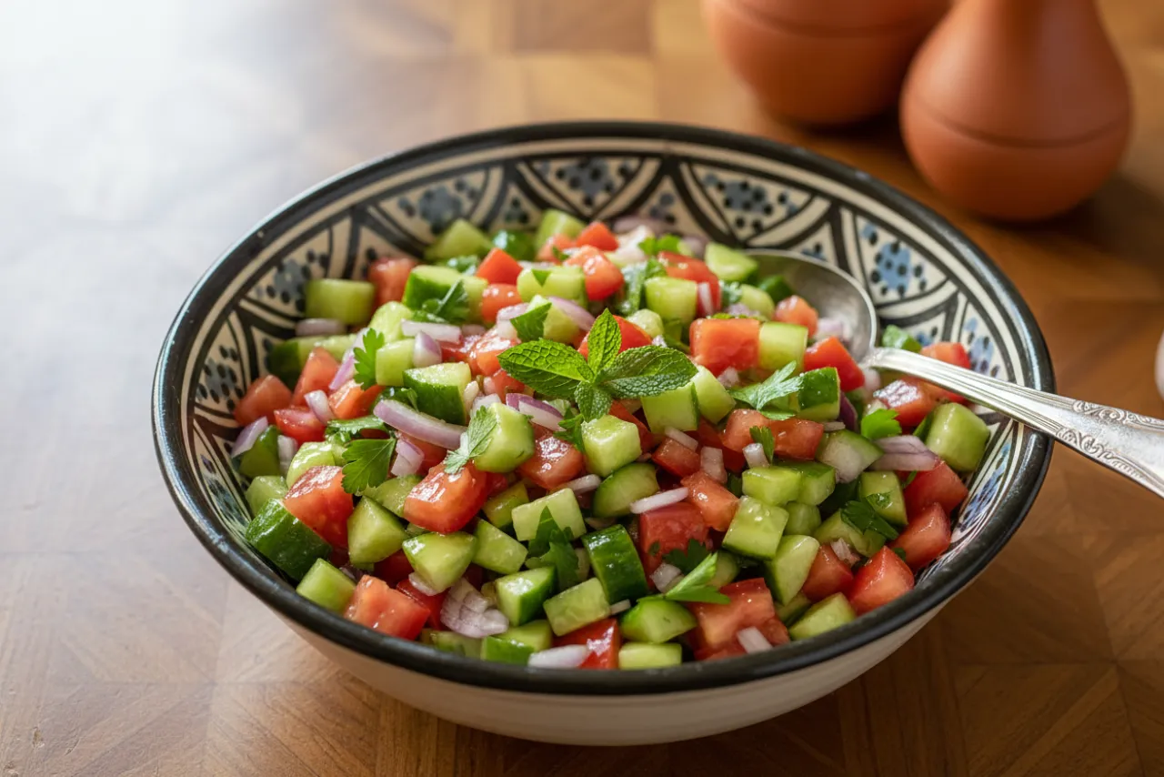 Shirazi Salad — Middle Eastern recipe, finished and plated