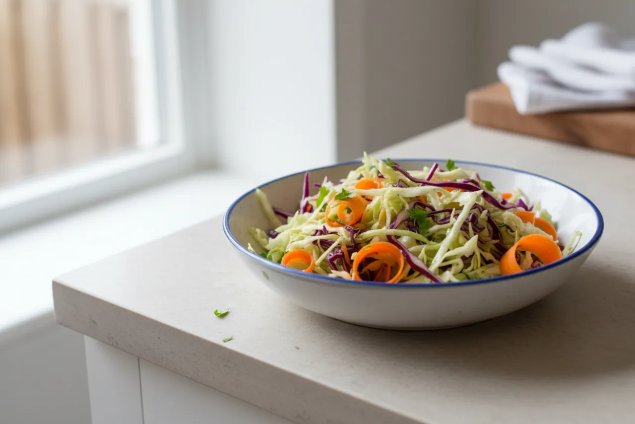 Light Cabbage & Carrot Slaw — American recipe, finished and plated