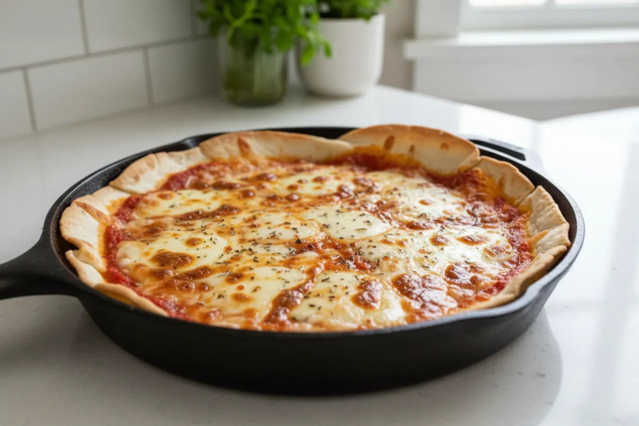 Skillet Tortilla Pizza — a one-pot american recipe with about 3g of fiber