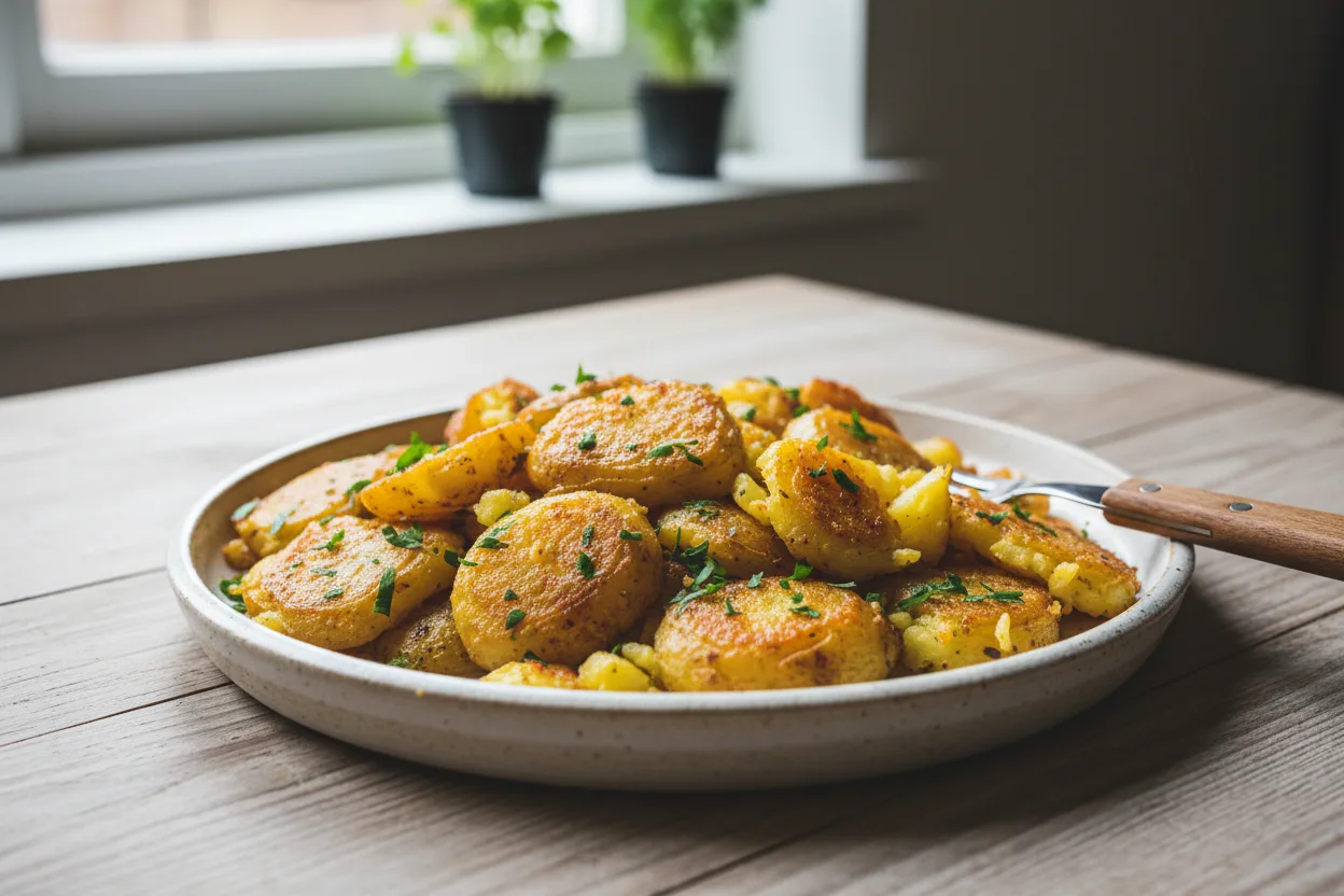 Smashed Potatoes with Paprika Butter — American recipe, finished and plated