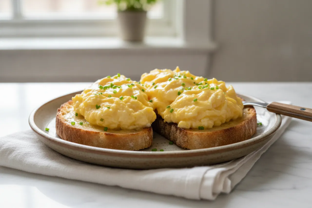Soft Scrambled Eggs on Toast — American recipe, finished and plated