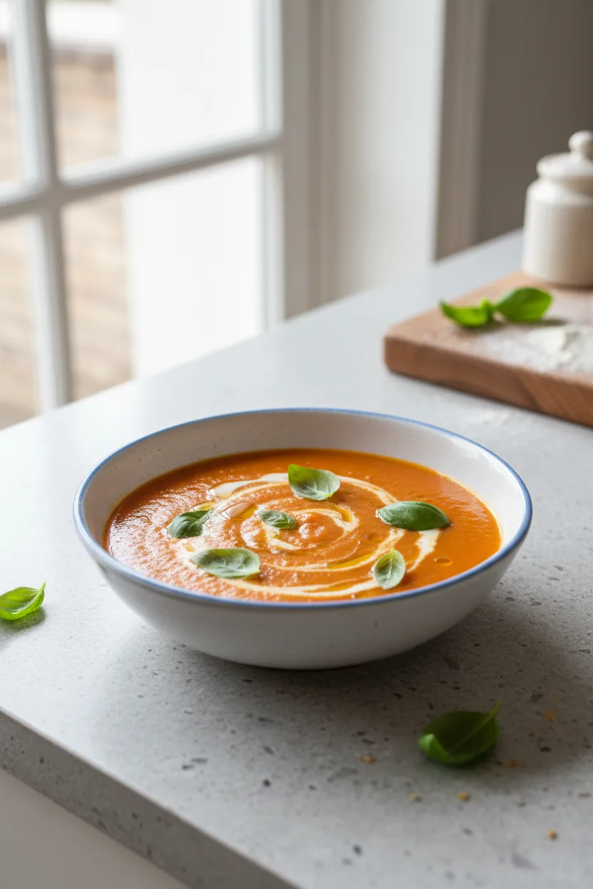 Veloute de Tomate au Basilic — French recipe, finished and plated