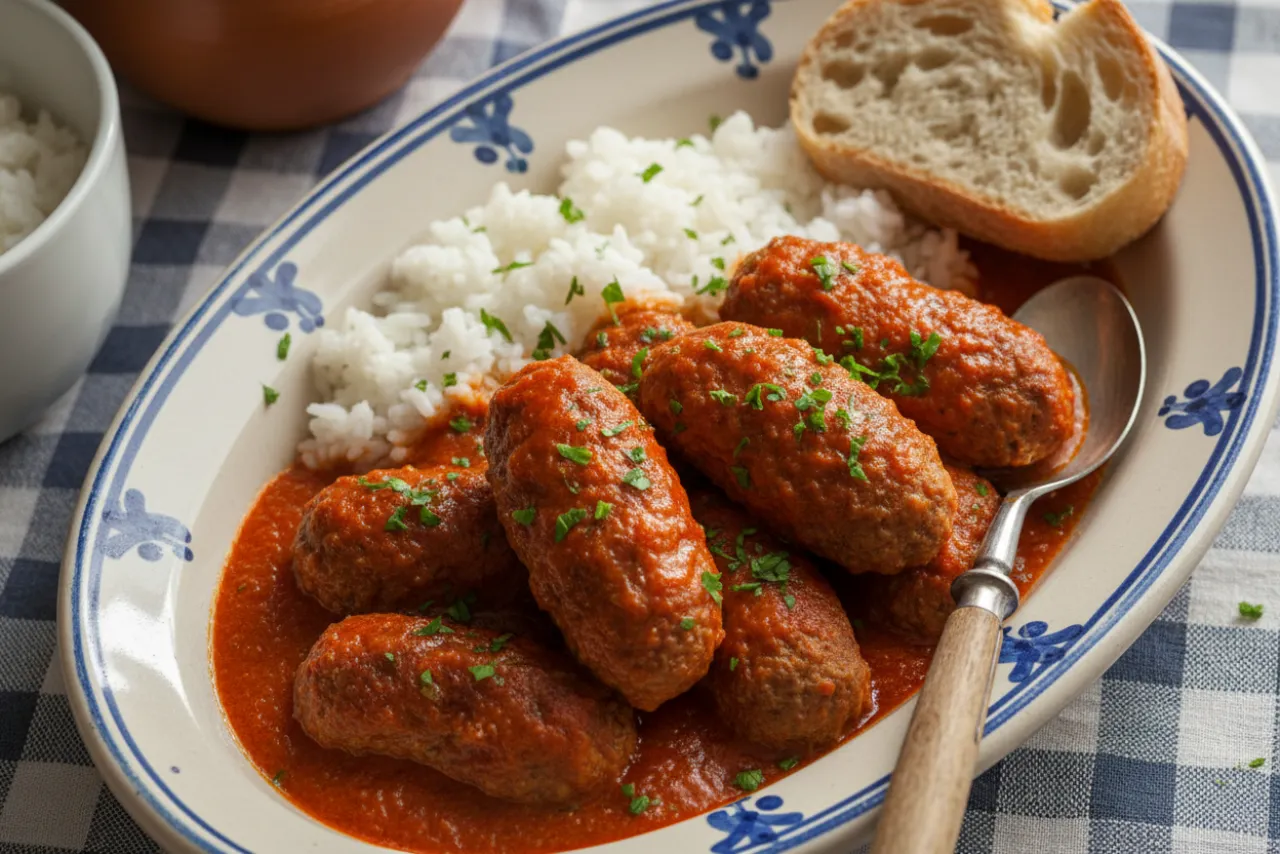 Soutzoukakia — Greek recipe, finished and plated