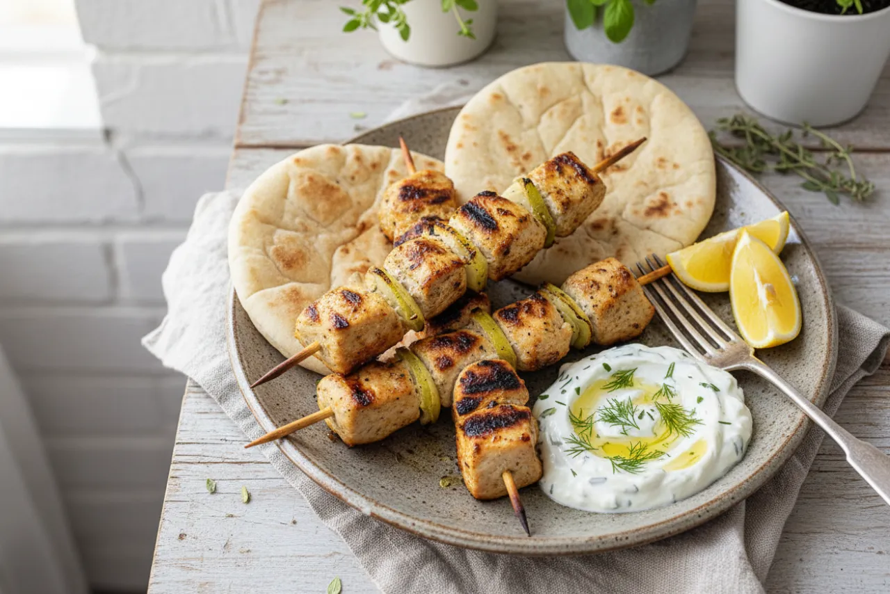 Chicken Souvlaki — a high-protein low-carb greek recipe with about 2g of fiber