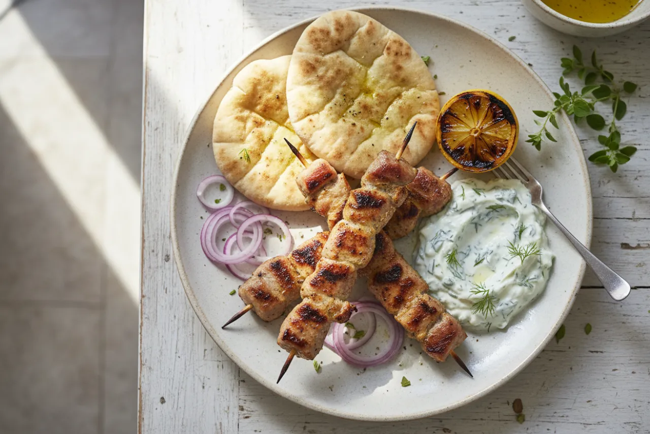 Pork Souvlaki — a high-protein low-carb greek recipe with about 2g of fiber