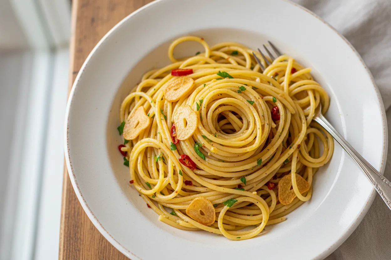 Spaghetti Aglio, Olio e Peperoncino — Italian recipe, finished and plated