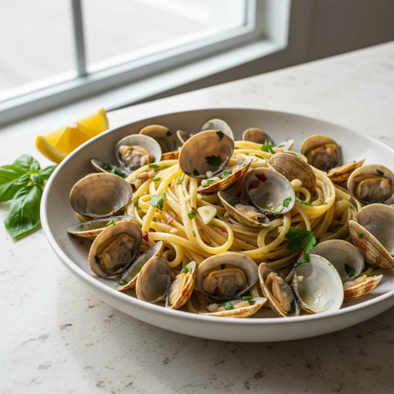 Linguine alle Vongole — a Mediterranean diet italian recipe with about 5g of fiber
