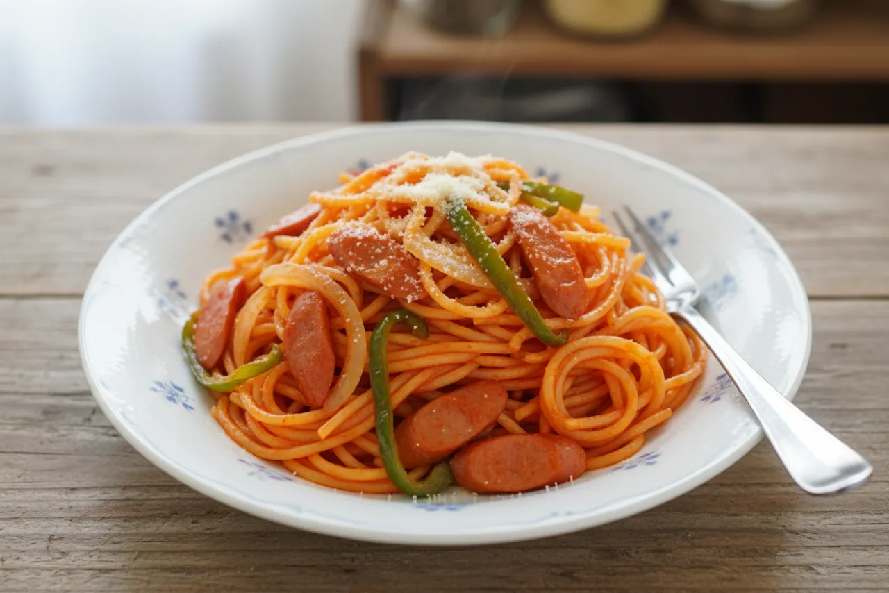 Spaghetti Napolitan — Japanese recipe, finished and plated