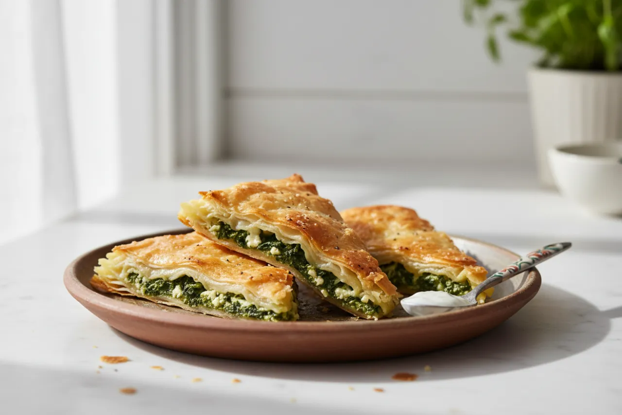 Spanakopita — Greek recipe, finished and plated