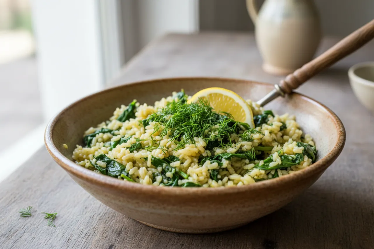Spanakorizo (Greek Spinach Rice) — Greek recipe, finished and plated