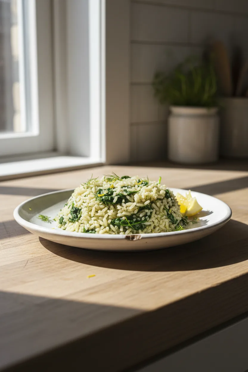 Spanakorizo (Greek Spinach Rice) — Mediterranean recipe, finished and plated