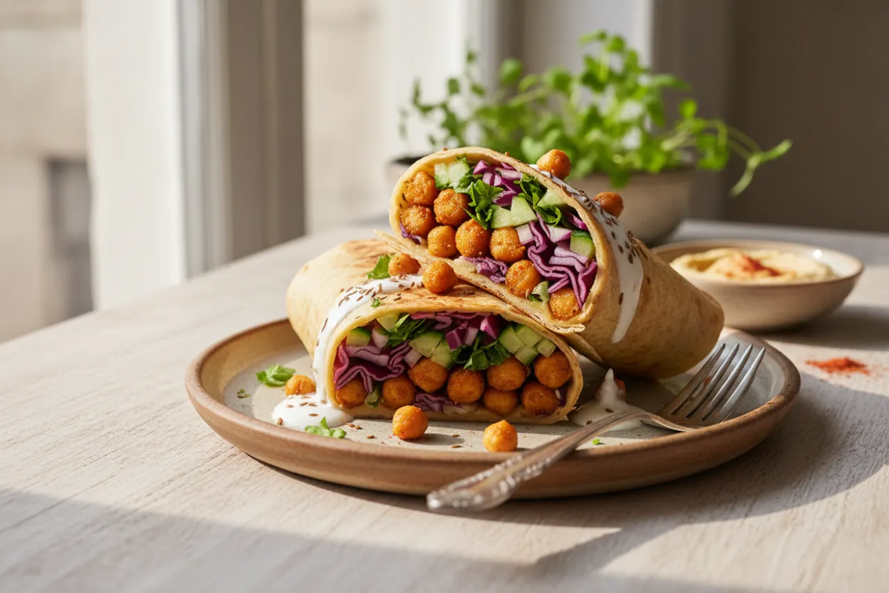 Spiced Chickpea Wrap — a high-protein high-fiber middle eastern recipe with about 18g of fiber