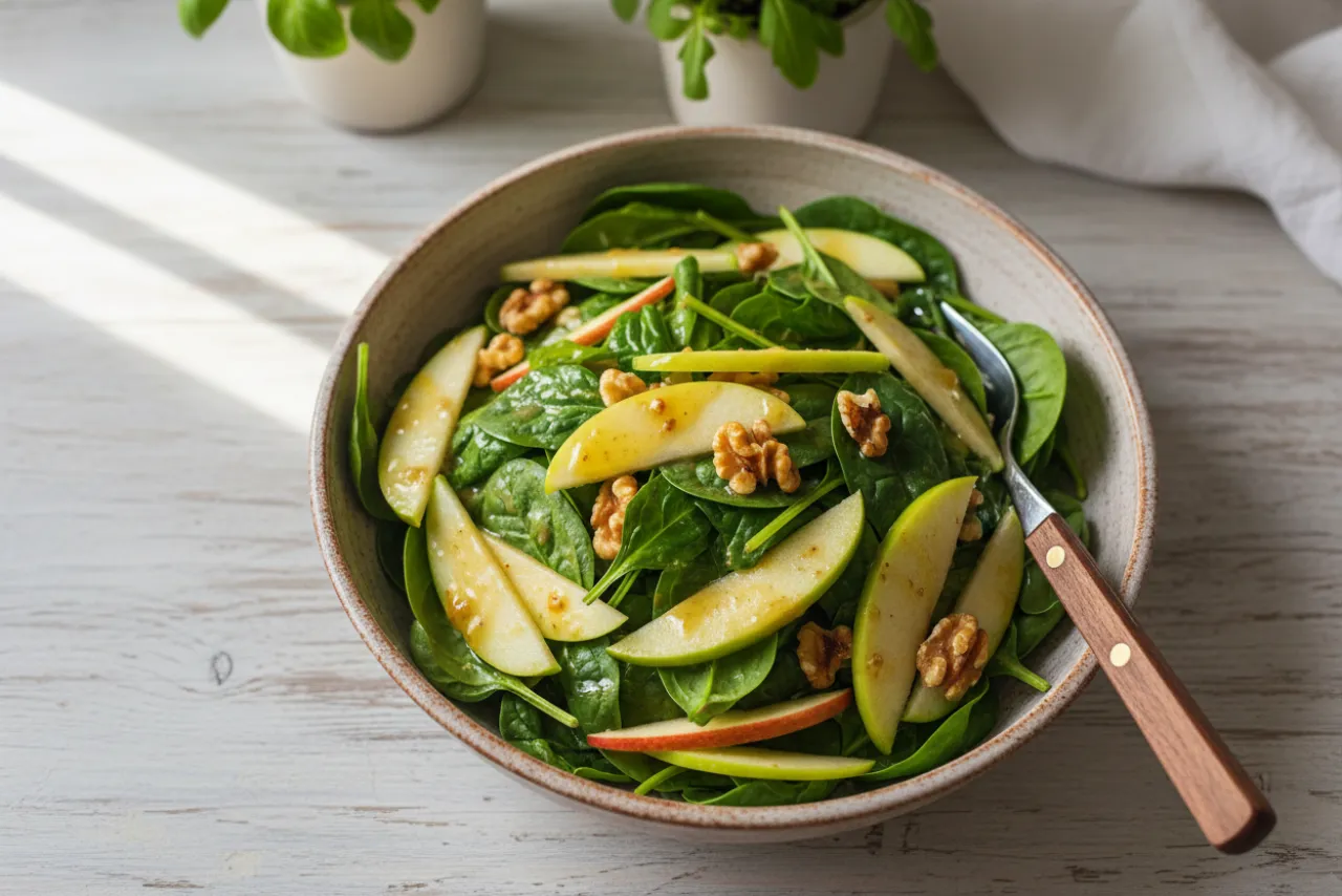 Spinach, Apple & Walnut Salad — American recipe, finished and plated