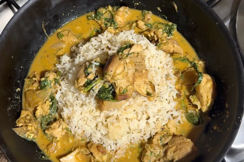 Spinach & Chicken Curry with Rice — Indian recipe, finished and plated