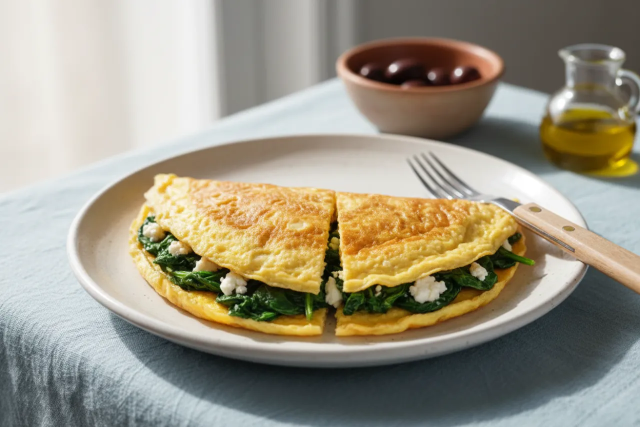 Spinach & Feta Omelette — a high-protein egg greek recipe with about 2g of fiber