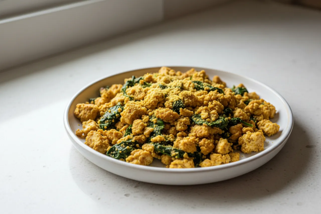 Spinach & Nutritional Yeast Tofu Scramble — a high-protein tofu american recipe with about 6g of fiber