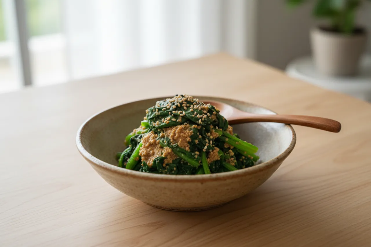 Spinach Gomaae — a anti-inflammatory dinner japanese recipe with about 2g of fiber