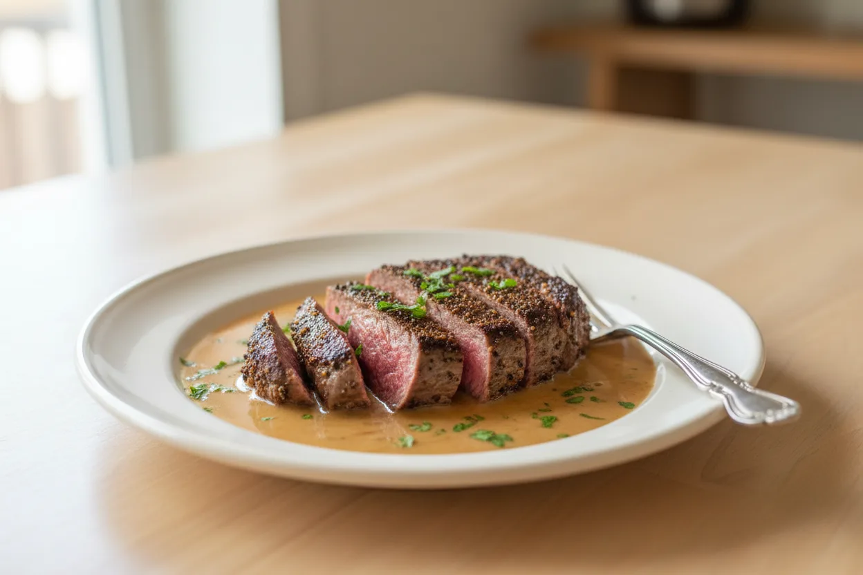 Steak au Poivre — a high-protein low-carb french recipe with about 4g of fiber