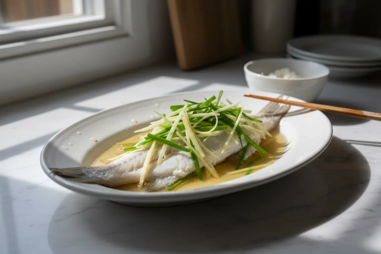Steamed Fish with Ginger & Scallion — a debloating chinese recipe with about 2g of fiber