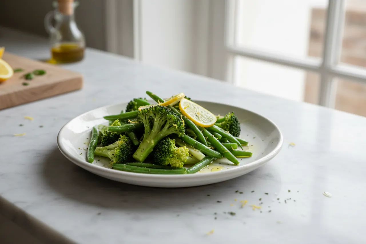 Steamed Greens with Lemon — Mediterranean recipe, finished and plated